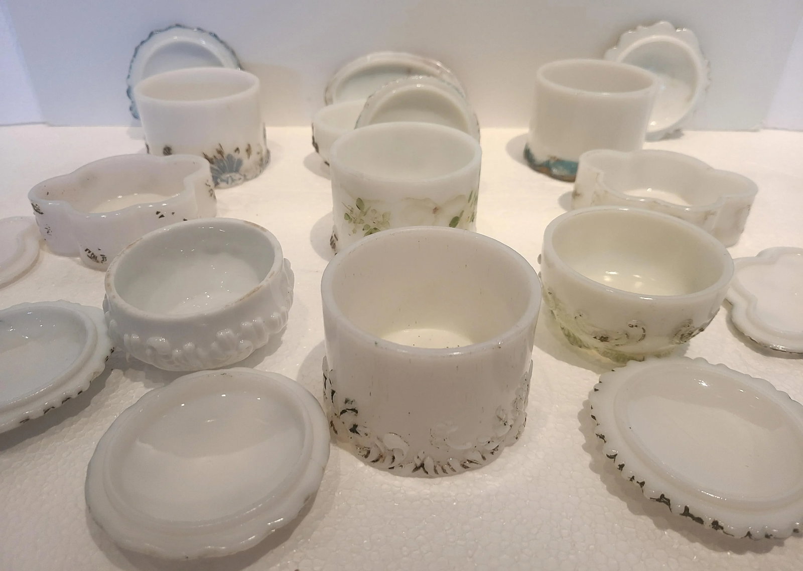 Antique Dithridge Milk Glass Decorated Vanity Boxes- Set of 9 - 7