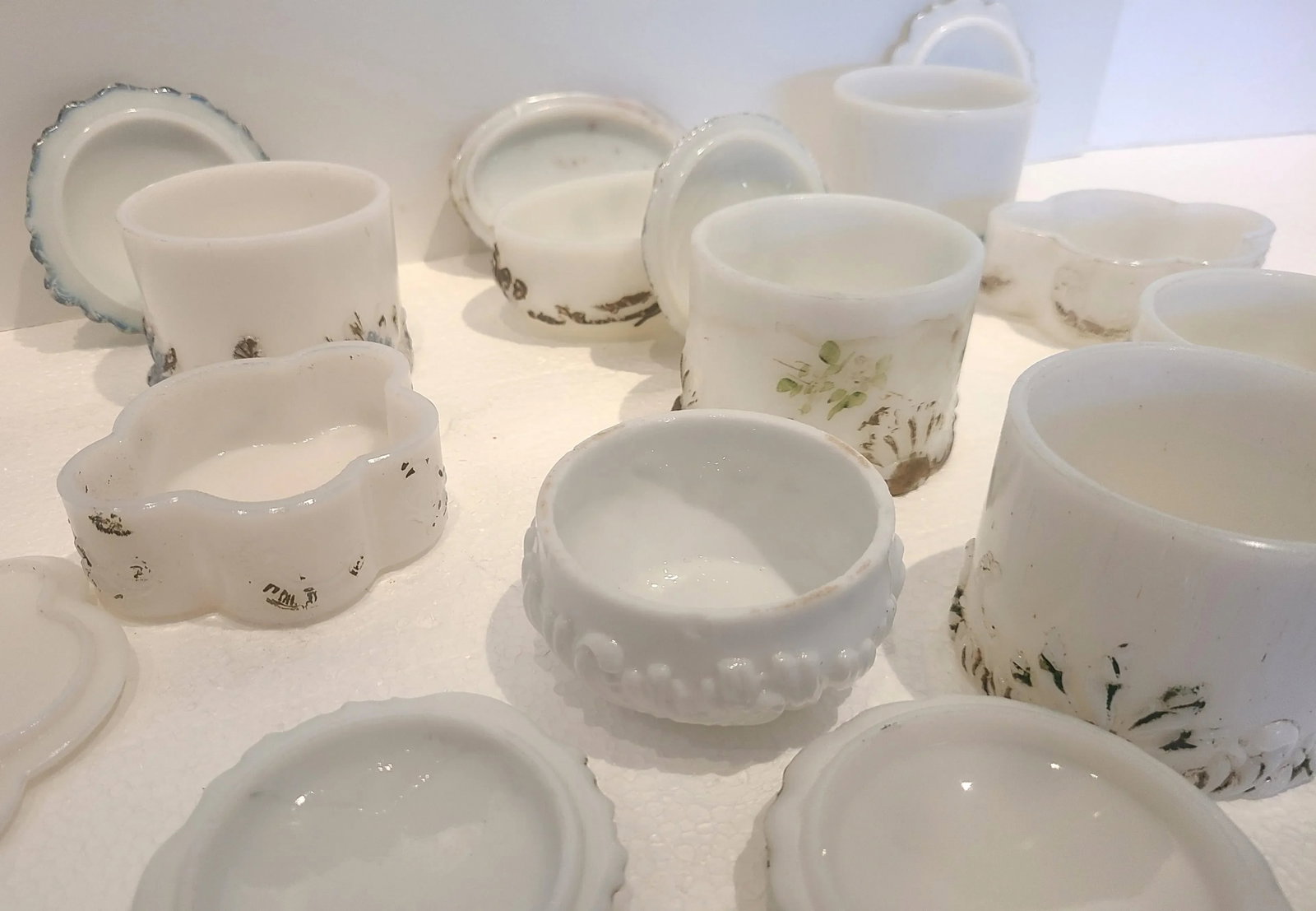 Antique Dithridge Milk Glass Decorated Vanity Boxes- Set of 9 - 9