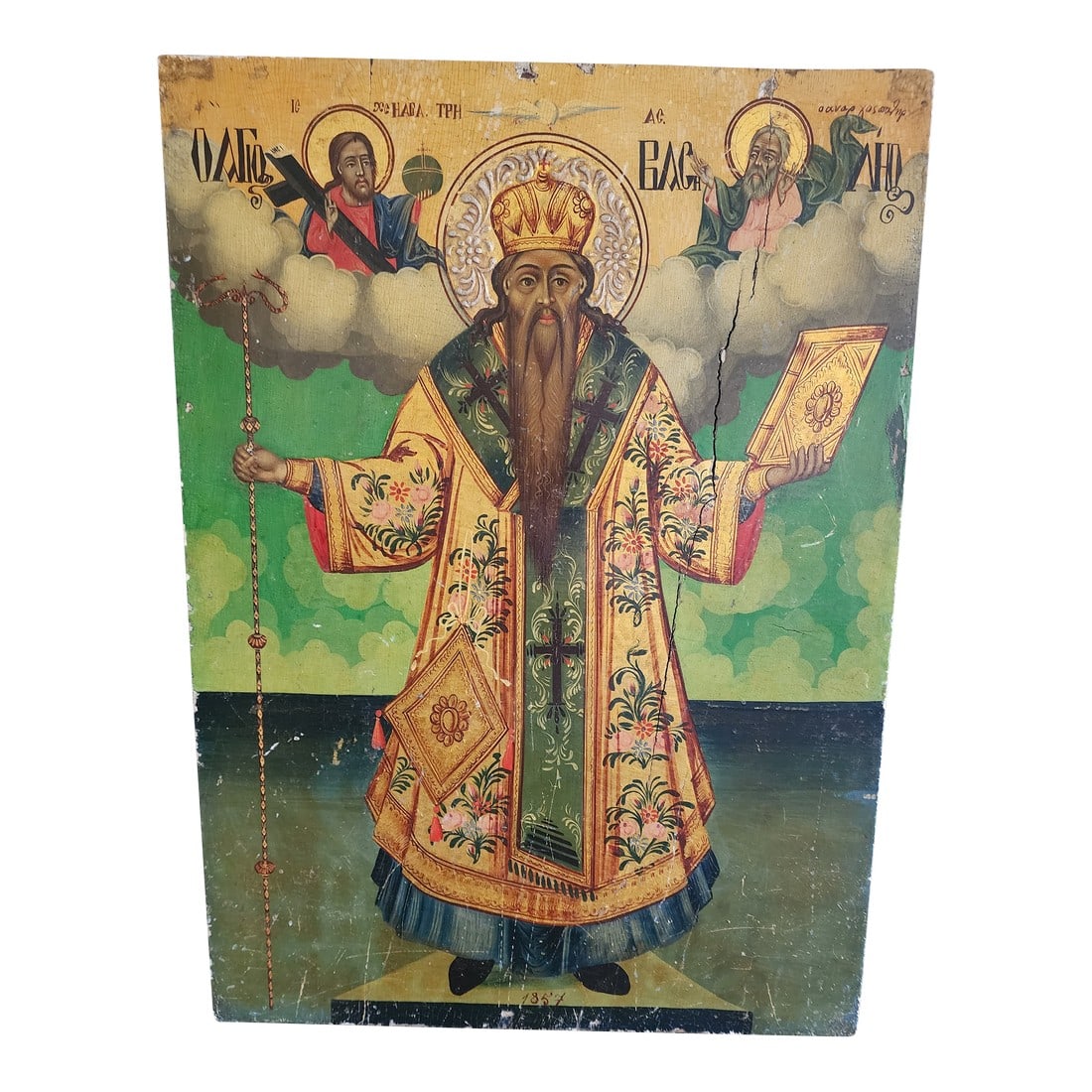 Antique Orthodox Painting of Saint Haralambos: Dated 1857, this gilded painting on wood has beautiful patina showing its age in a lovely way. The wood has cracked in places but the integrity of the art work is still excellent. Greek Orthodox St.