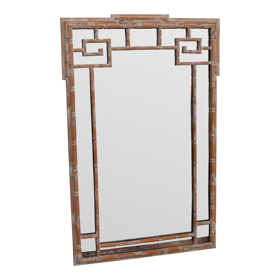 Vintage Italian Faux Bamboo Greek Key Wall Mirror, 1970s: A charming vintage Italian wall mirror featuring a beautifully detailed faux bamboo frame with a distinctive Greek key motif, circa 1970s. Crafted from wood, the frame showcases a warm, lightly