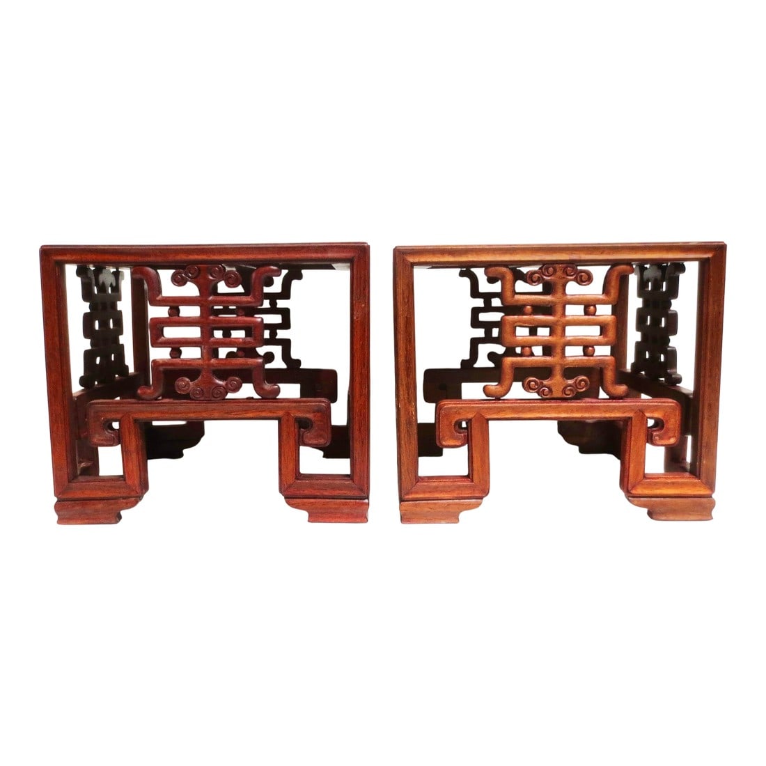 Longevity Hardwood Stands: Chinese hardwood rosewood, or like large square stands with Longevity symbols on each side. Square stand measuring 9" on each side and top, Rosewood and lighter color tones in each. The joints are