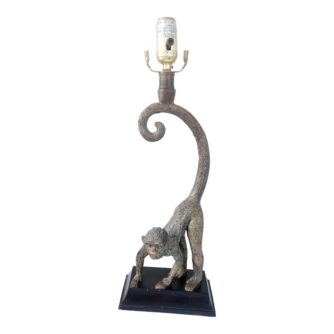 Vintage 1980's Monkey Lamp, Bronze Patinated Metal – Sculptural Hollywood Regency Accent: A striking vintage figural monkey table lamp crafted in cast metal with a warm bronze-tone patinated finish. The sculptural form features a dynamic stance and elegantly curled tail supporting the