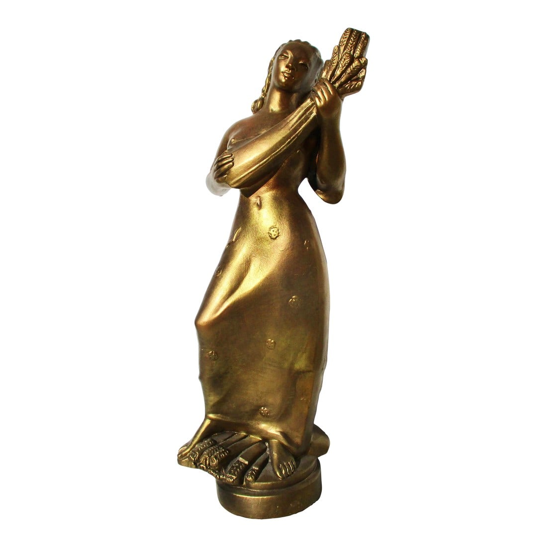 MCM Gilt-Copper Clad Harvest Figure: Marked KUPUR The cast plaster and copper-clad figure from the mid-50s. Female figure here is copper-clad and gold-painted, vintage 50s. Mid-century modernist figural composition of traditional