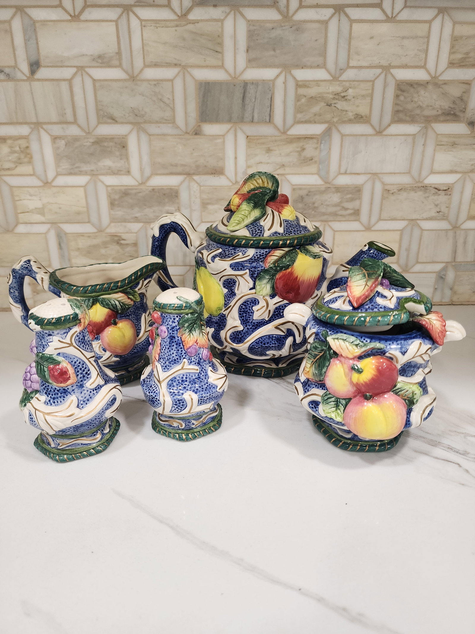 1970s Fitz and Floyd Vintage Florentine Fruit Tea Set - 5pcs - 8