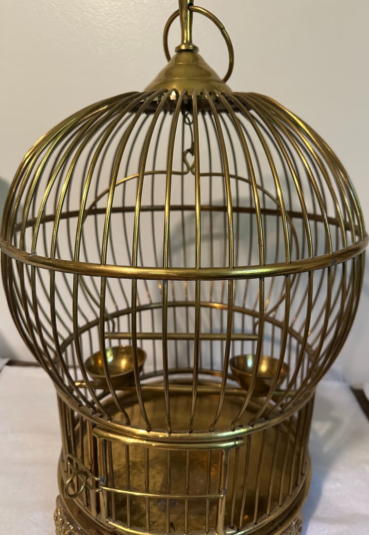 Vintage Large Solid Brass Globe Shaped Hanging BIrd Cage W/Feeding Bowls - 2