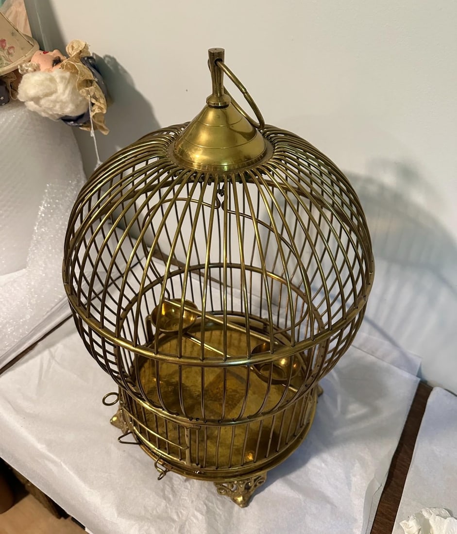 Vintage Large Solid Brass Globe Shaped Hanging BIrd Cage W/Feeding Bowls - 3