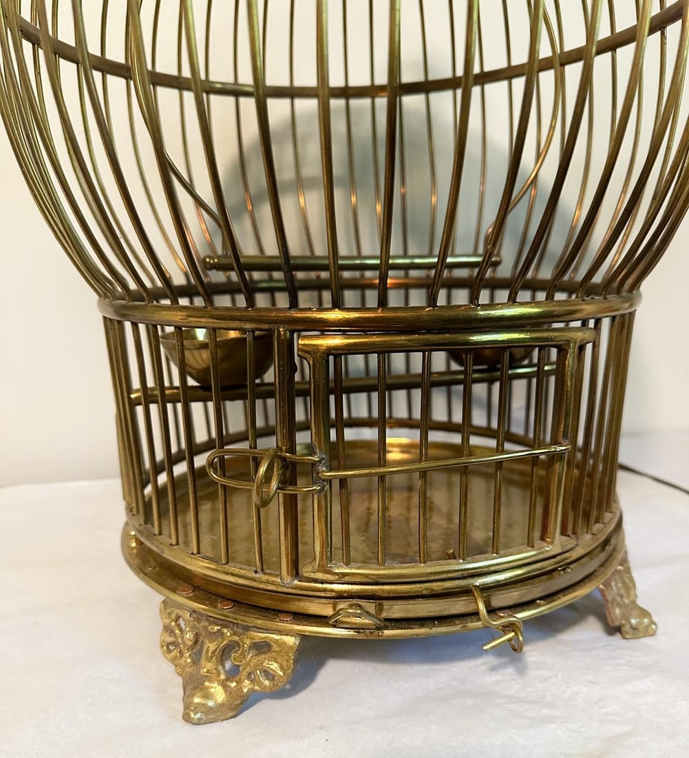 Vintage Large Solid Brass Globe Shaped Hanging BIrd Cage W/Feeding Bowls - 4