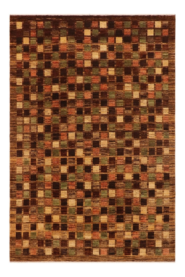 1980s Boho Chic Gabbeh Brown/Tan Wool Rug - 8'11'' X 11'7'': With strict standards of craftsmanship and quality of materials used this modern inspired hand knotted Gabbeh rug is a unique piece of world art. A fashionable handmade rug crafted by skilled
