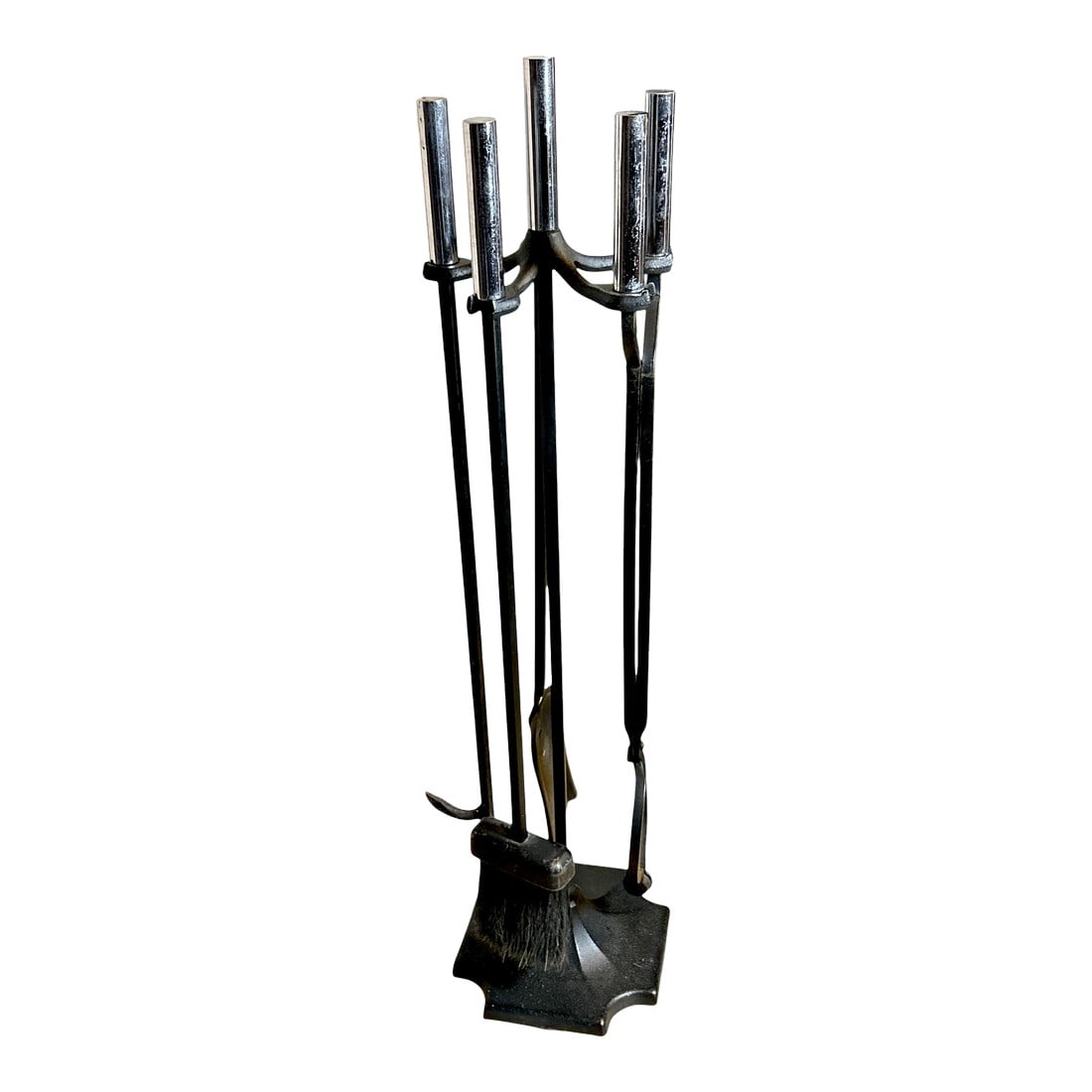 1960s Mid Century Adams Co. Modernist Wrought Iron 5pc Fireplace Tool Set: Rare find in a chrome handle finish! This is a 5 piece tool set complete with a dust pan, brush, log grabber, poker and stand. Measures 33" high. Very heavy piece- made from solid wrought iron in