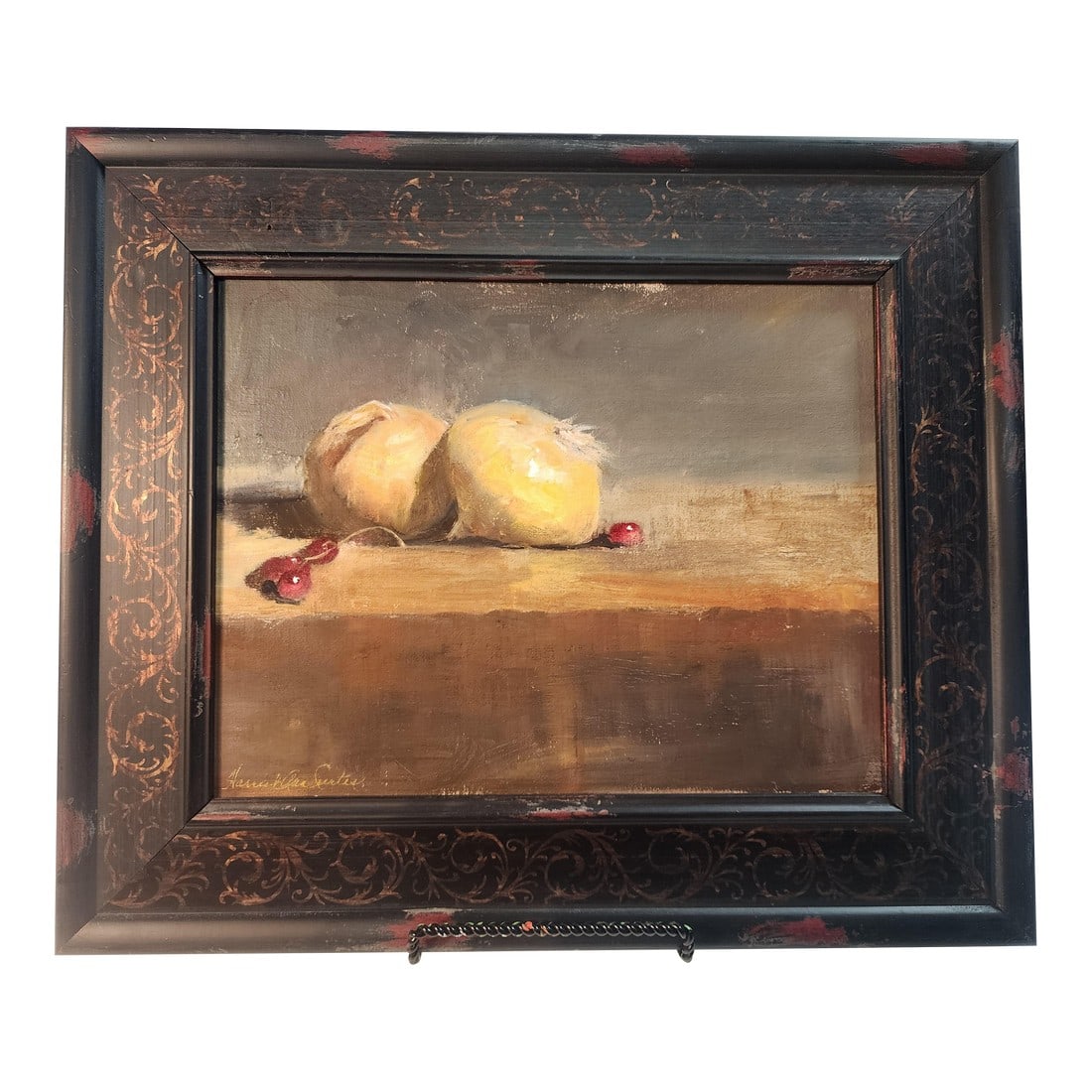 1990s Beautiful Original Still Life by Harriet Anne Curtis: This Beautiful still life makes such an impact with it's simplicity. Very neutral colors and placement show off the talent of Harriet Anne Curtis. The frame enhances the painting bringing a very