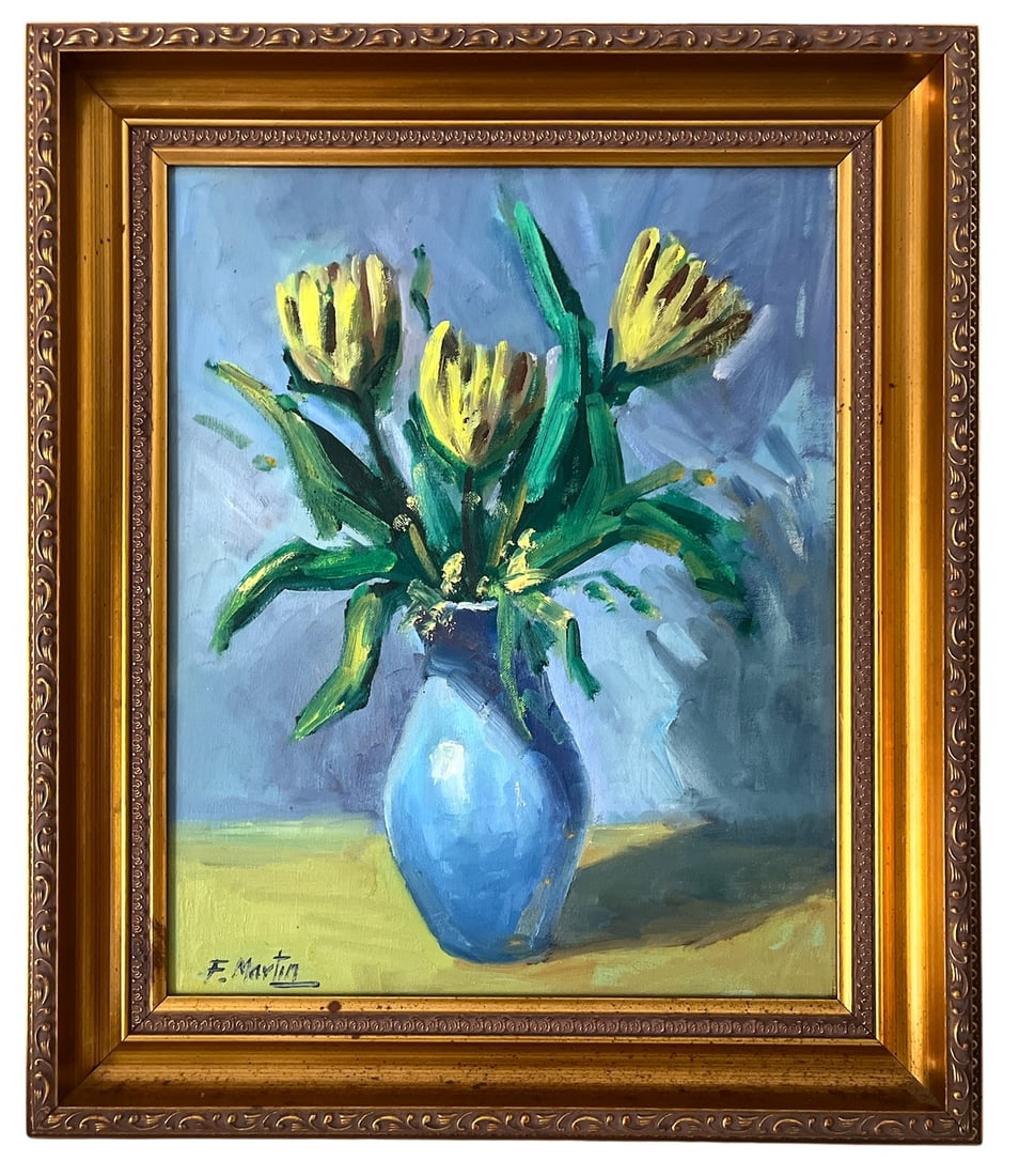 1990s Félix MartÃ­n MartÃ­n (B. 1953) – Expressive Floral Still Life: An emotive and painterly still life by Spanish artist Félix MartÃ­n MartÃ­n, featuring three vibrant yellow blooms arranged in a luminous blue ceramic vase. Rendered in