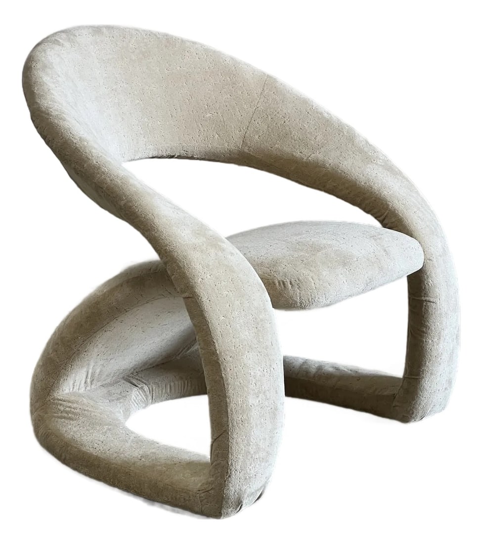 Vintage Post Modern Upholstered Lounge Chair: Vintage upholstered postmodern "Tongue Chair", featuring curvy lines and soft velvet textured fabric. In excellent vintage condition. (Please see our other listings for the matching loveseat and