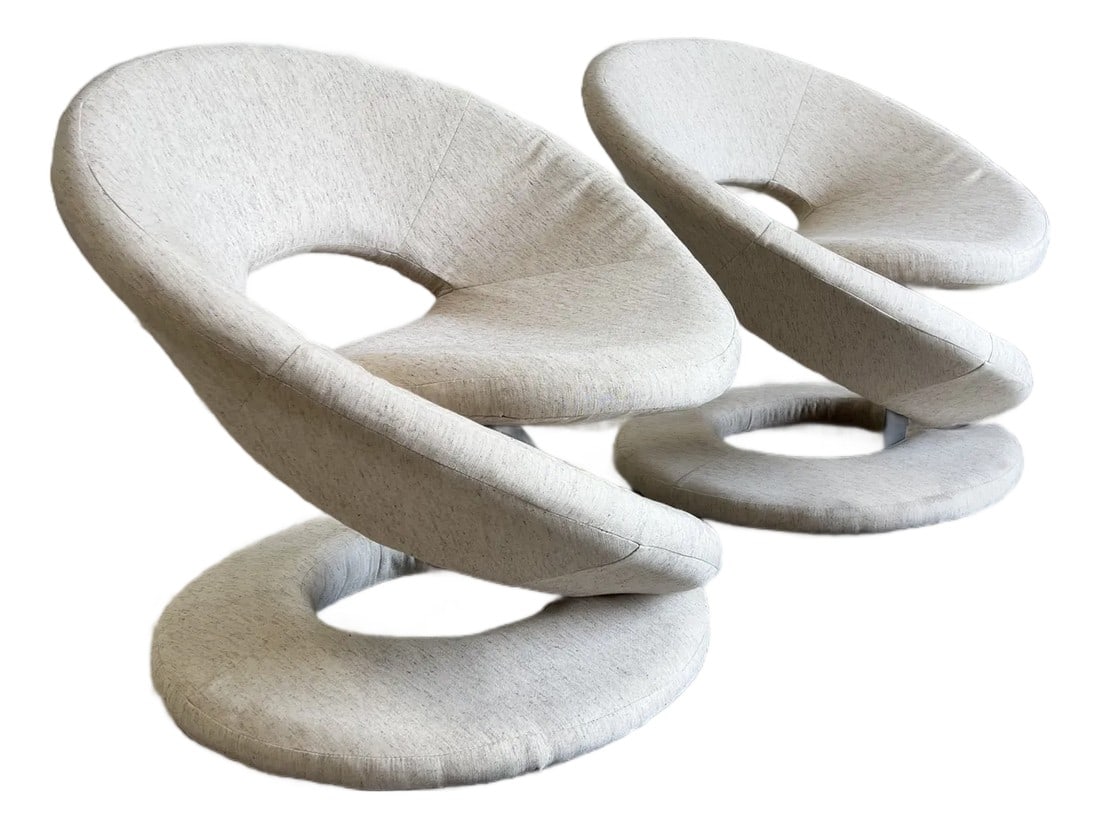 Vintage Postmodern Newly Upholstered Spiral Lounge Chairs - A Pair: Vintage pair of spiral postmodern lounge chairs, newly upholstered in a natural beige woven fabric. In excellent vintage condition. Dimensions: 33"W x 30"D x 30"H Condition: Alterations: Restored