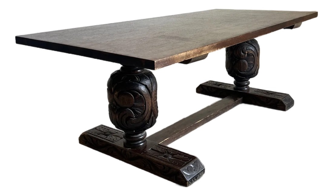 Vintage Mexican Hand Carved Large Dining Table: Featured in this listing is a stunning hand carved dining table made in Mexico circa 1960's. Significant in size, with gorgeous detail in the pedestal base. In excellent vintage condition.