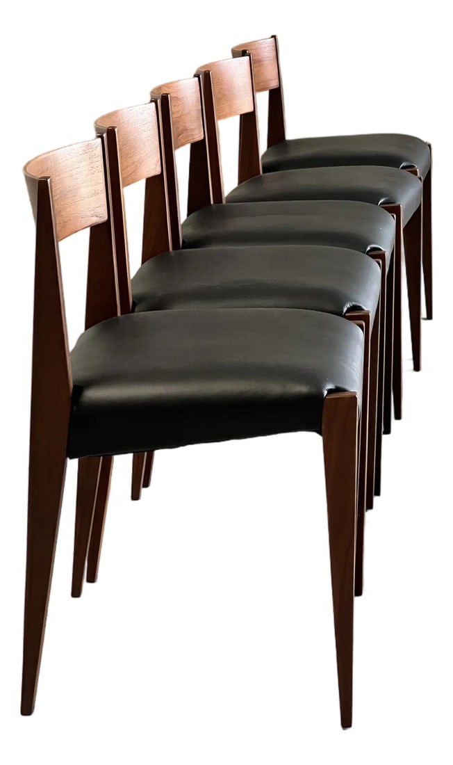 Mid Century Danish Teak and Black Leather Dining Chairs - Set of 5: Beautifully constructed set of vintage Danish teak dining chairs featuring curved back newly refinished wood and new buttery leather seats. In excellent vintage condition. Dimensions: 18.5"W x 18.5"D 