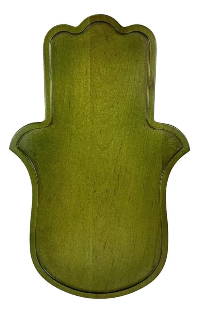Hamsa Wooden Hand Tray: This handcrafted Hamsa Hand Tray is carved from solid maple and finished in a custom olive green stain that highlights the natural beauty of the wood grain. Sealed with a durable, moisture-resistant