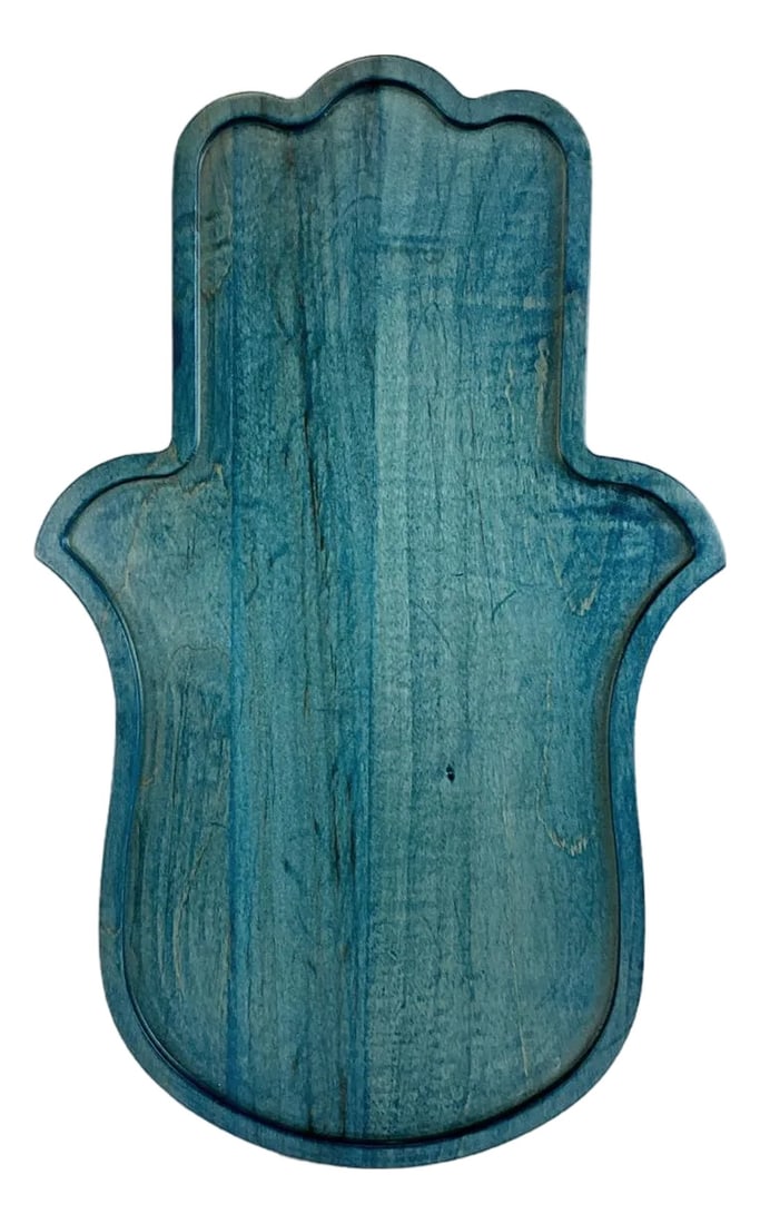 Hamsa Wooden Hand Tray: This handcrafted Hamsa Hand Tray is carved from solid maple and finished in a custom teal stain that highlights the natural beauty of the wood grain. Sealed with a durable, moisture-resistant