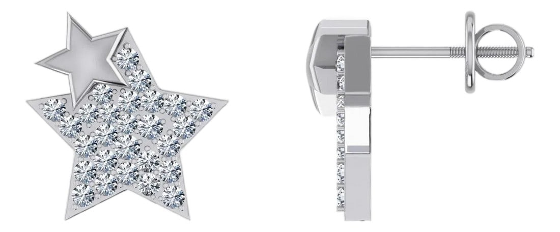 10K White Gold Round Diamond Double Star Stud Earrings 1/6 Cttw, A Pair: This 10K White Gold Round Diamond Double Star Stud Earrings 1/6 Cttw is a refined diamond ring crafted in premium yellow gold and set with round brilliant diamonds. Designed for engagements,