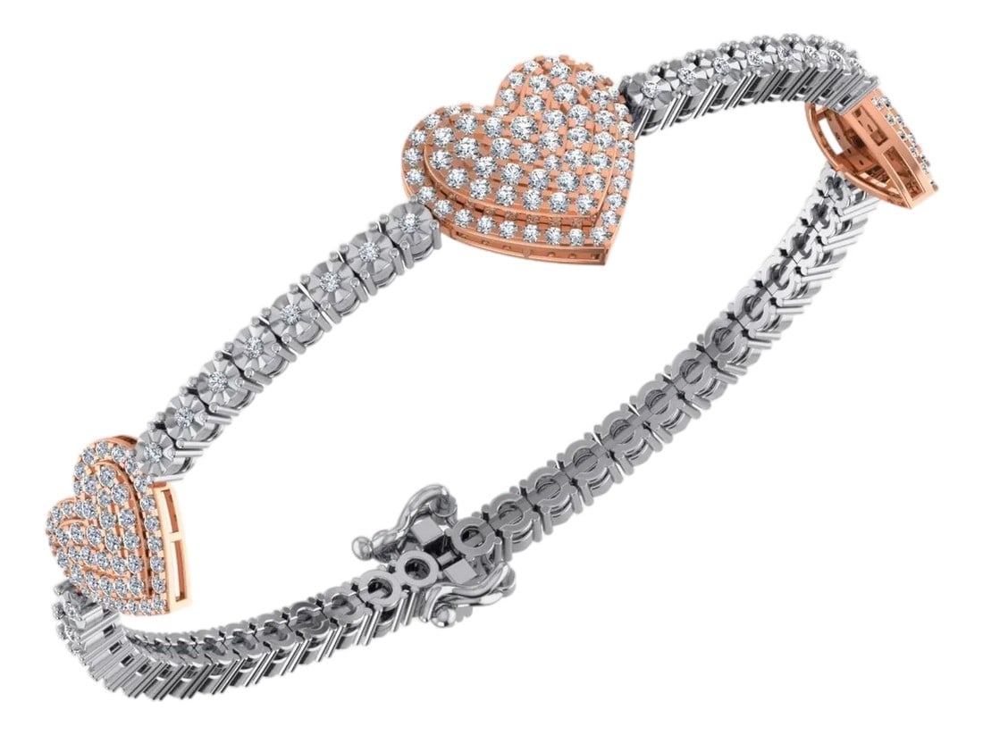 10K Rose White Two Tone Round Diamond Heart Designer 7 Inch Bracelet 1-7/8 Cttw: This 10K Rose White Two Tone Round Diamond Heart Designer 7 Inch Bracelet 1-7/8 Cttw is a refined diamond bracelet crafted in premium rose gold and set with brilliant-cut diamonds. Designed for