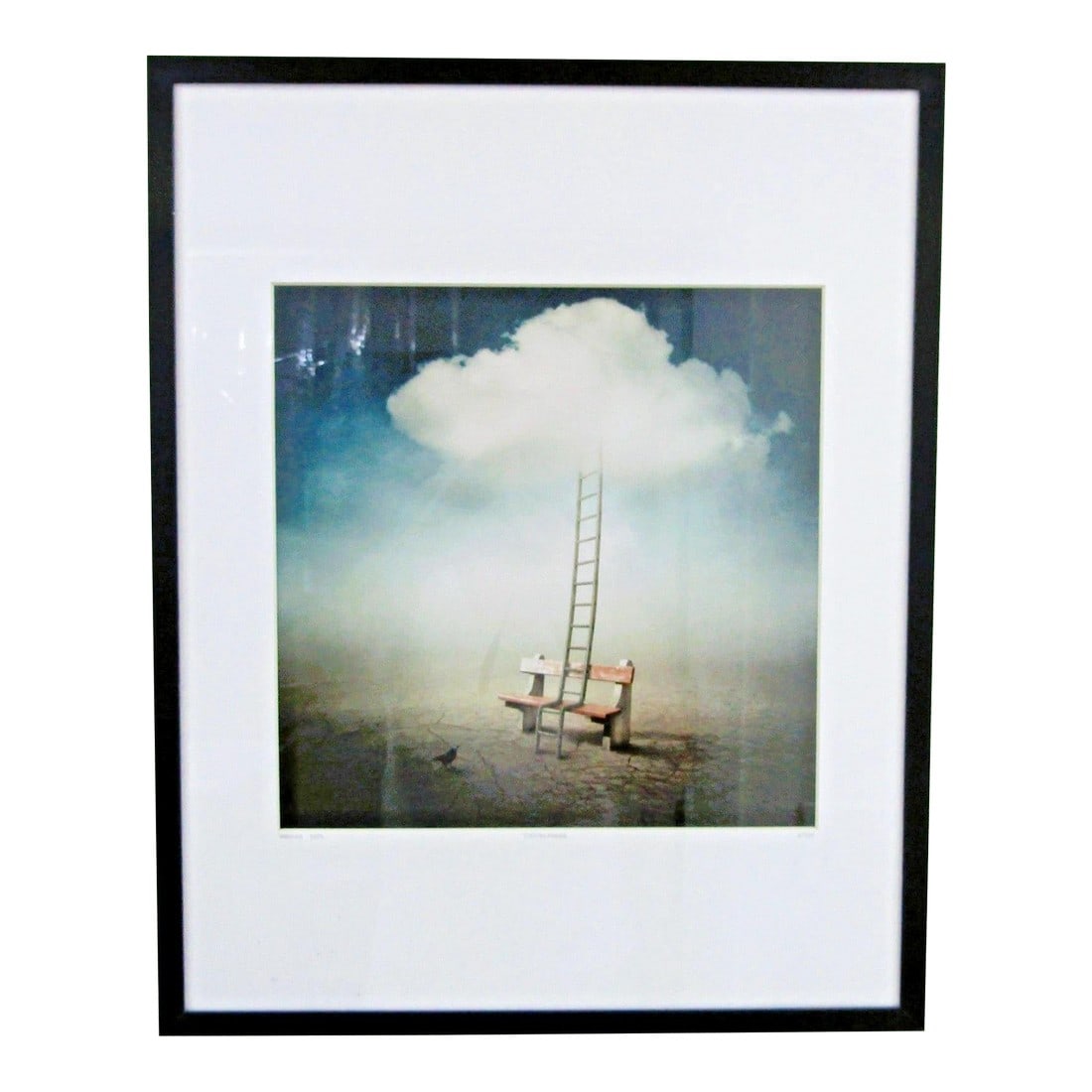 1990s Sarolta Ban Cloudladder No. 531 Digital Photo Manipulation Framed Behind Glass: The product is a surreal digital photo manipulation photograph taken by Sarolta Ban, titled "Cloudladder No. 531". The image is framed behind glass, making it a unique and artful piece. The colored