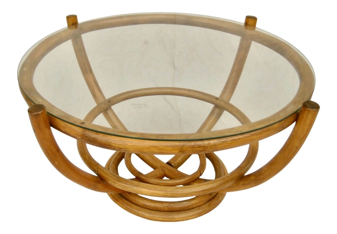 1970s Mid-Century Modern Rattan Round Coffee Table: Period piece this coffee table with a glass top has very convenient size 33"50 round on 17"50 high could be use as well as side table, rattan is always a nice and fun material to bring in to an