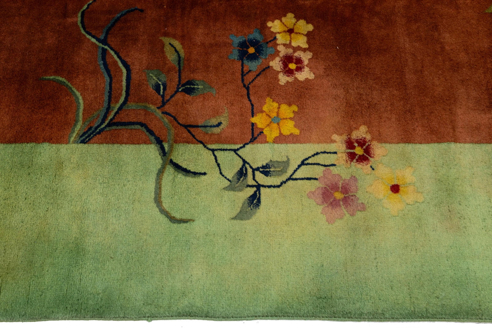 Antique Art Deco Handmade Floral Chinese Green and Brown Wool Rug - 10