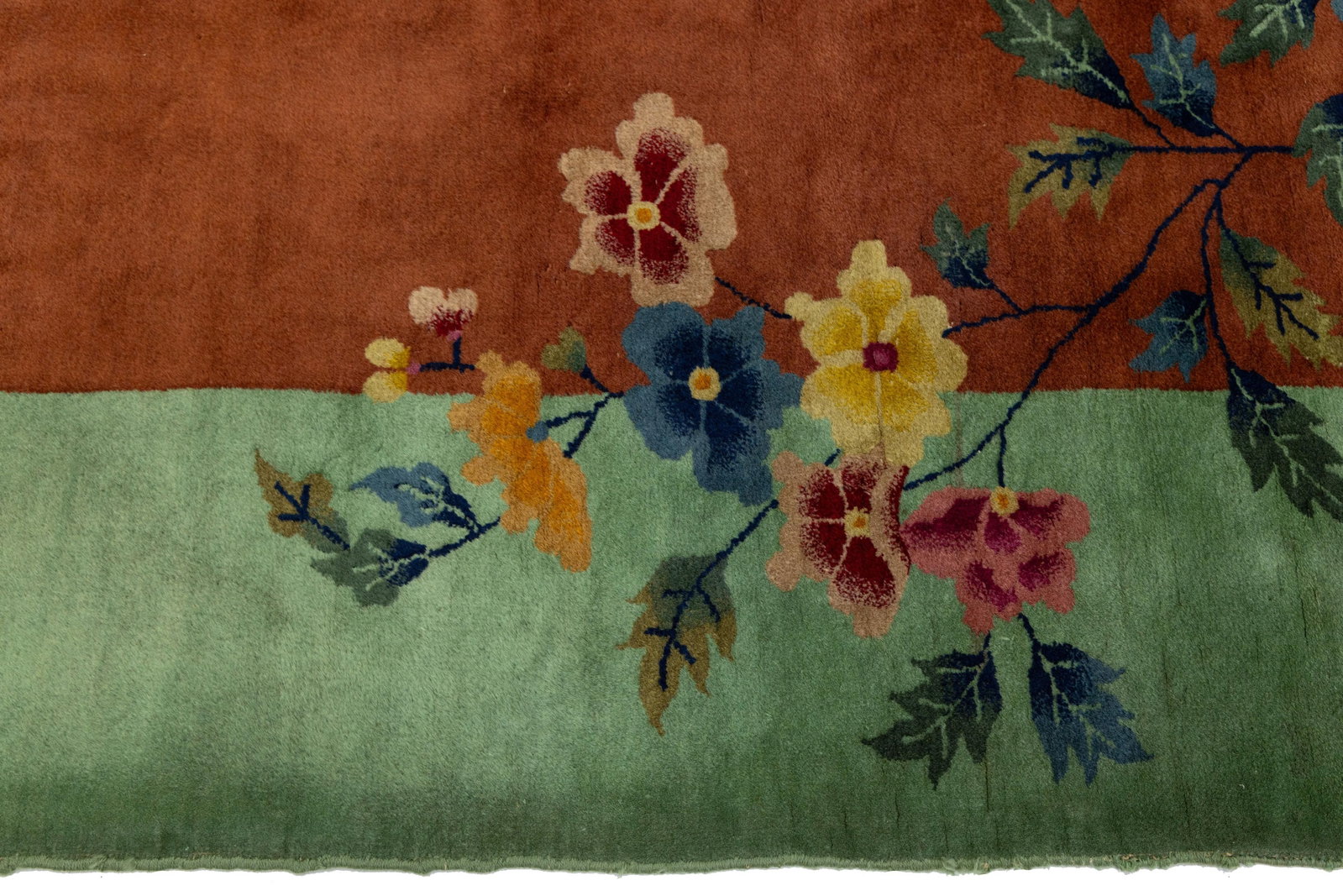 Antique Art Deco Handmade Floral Chinese Green and Brown Wool Rug - 11