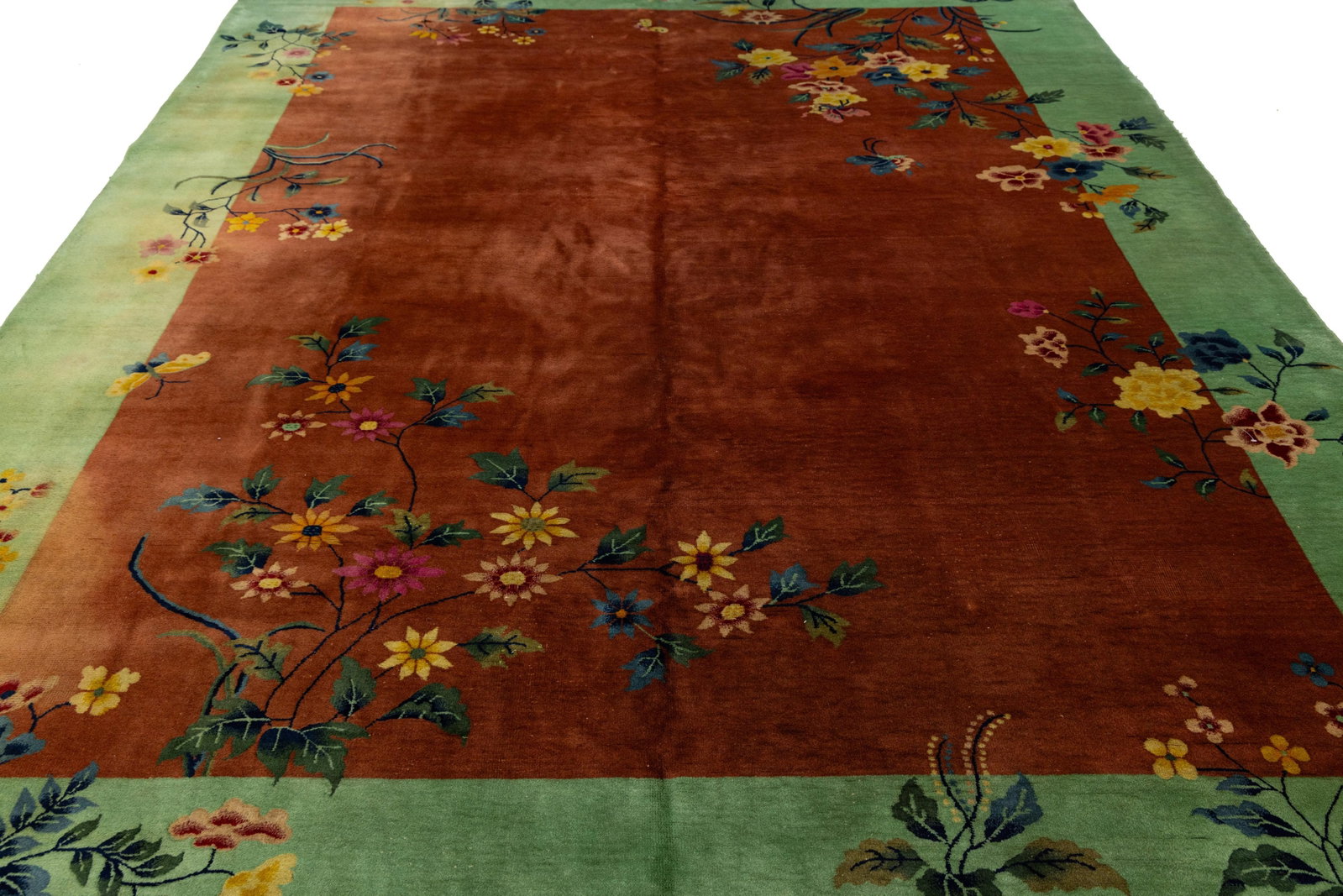 Antique Art Deco Handmade Floral Chinese Green and Brown Wool Rug - 13
