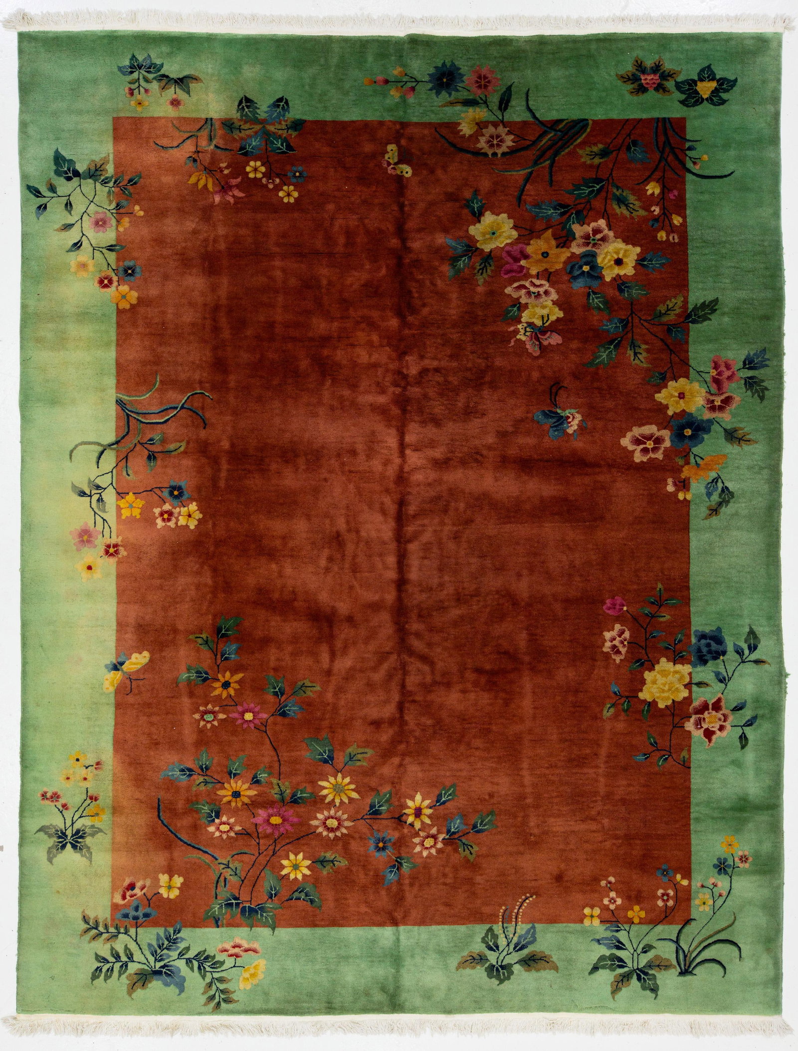 Antique Art Deco Handmade Floral Chinese Green and Brown Wool Rug - 2