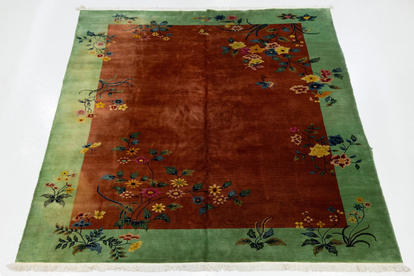Antique Art Deco Handmade Floral Chinese Green and Brown Wool Rug - 3