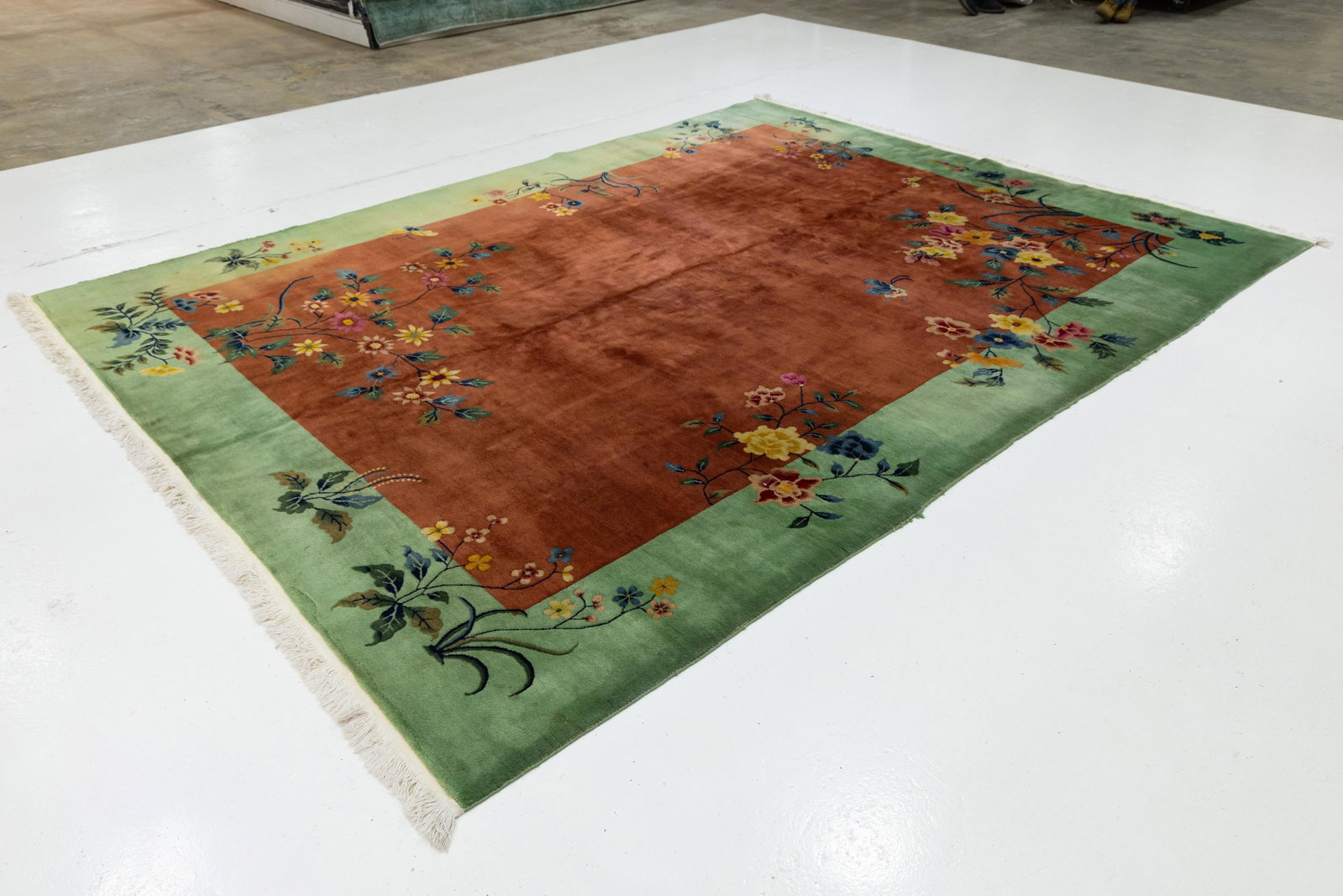 Antique Art Deco Handmade Floral Chinese Green and Brown Wool Rug - 4