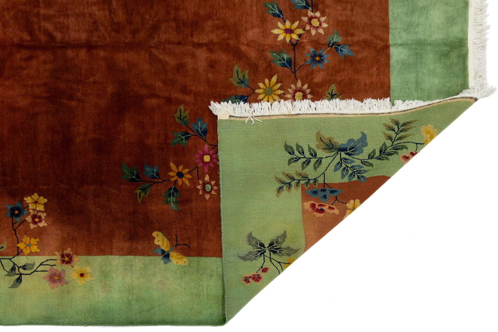 Antique Art Deco Handmade Floral Chinese Green and Brown Wool Rug - 5