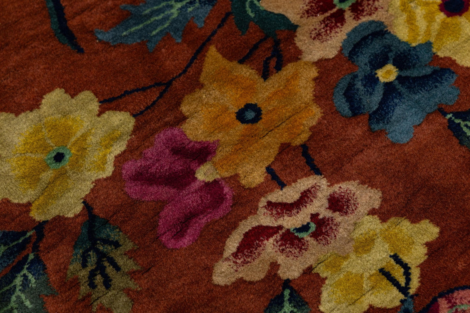 Antique Art Deco Handmade Floral Chinese Green and Brown Wool Rug - 6