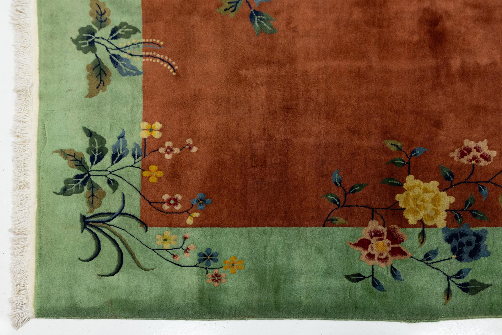 Antique Art Deco Handmade Floral Chinese Green and Brown Wool Rug - 7