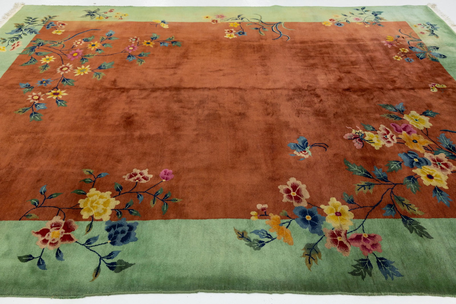 Antique Art Deco Handmade Floral Chinese Green and Brown Wool Rug - 8