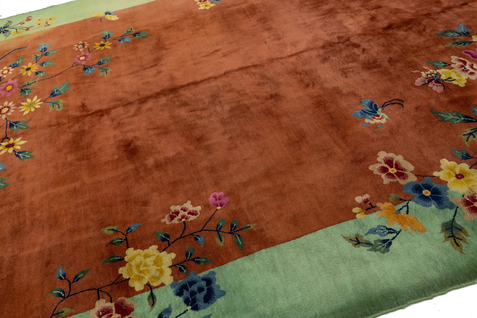 Antique Art Deco Handmade Floral Chinese Green and Brown Wool Rug - 9
