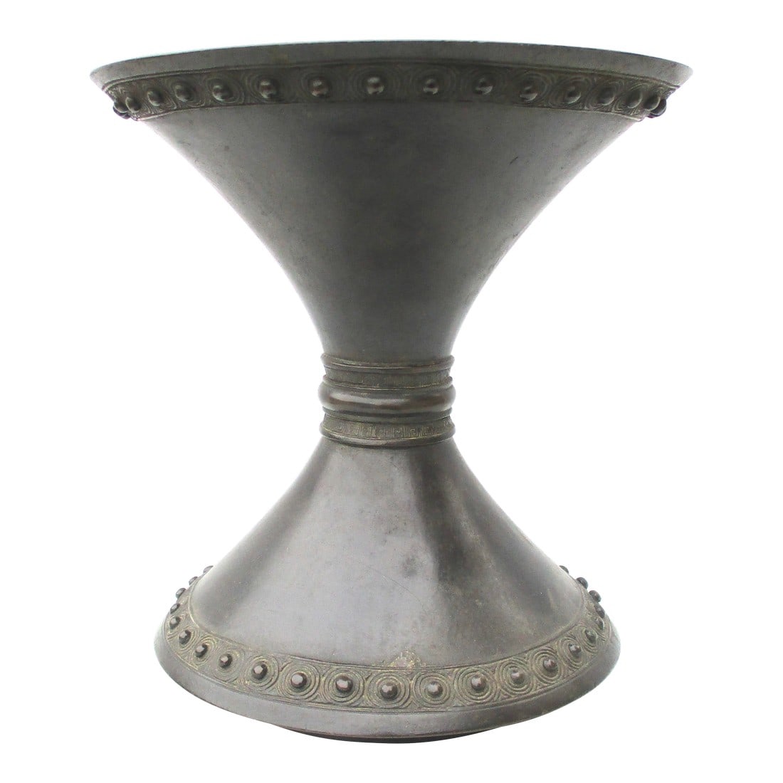 Japanese Aesthetic Movement Bronze Vase: Japanese aesthetic bronze. Pure simplified form with minor bands of stud bands at base and rim. A Pattern seen in other places as nailhead. Small-waisted design with wide flaring upper and lower body