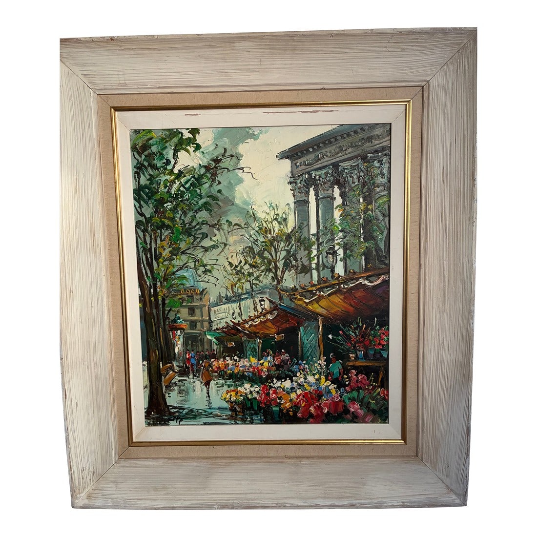 Mid 20th Century Paris Flower Market Oil Painting: A beautiful rendition of a very picturesque and popular scene in Paris with the Roman columns in the background.This is an original oil painting and does not appear to be signed.I aquired it at an est