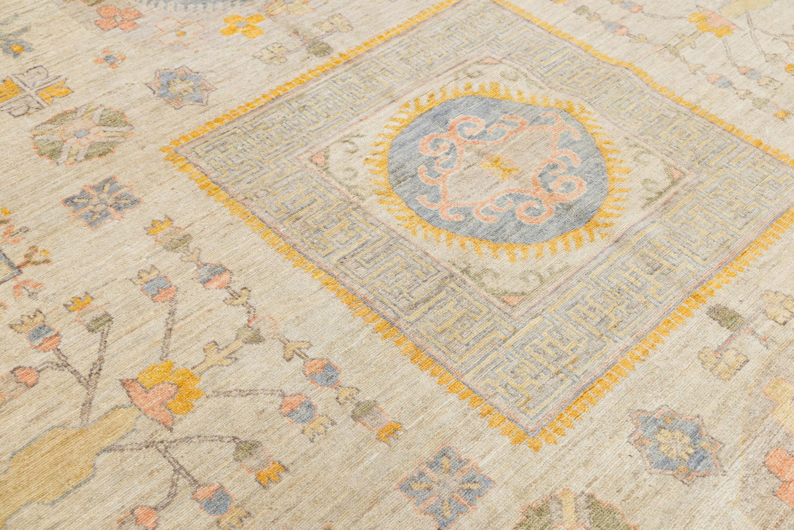 Modern Khotan Style Hand-Knotted Wool Rug - Pastel Geometric Medallion Design - 10