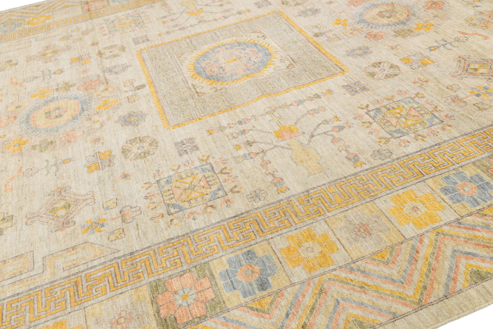 Modern Khotan Style Hand-Knotted Wool Rug - Pastel Geometric Medallion Design - 11