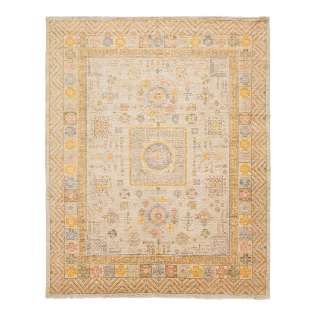 Modern Khotan Style Hand-Knotted Wool Rug - Pastel Geometric Medallion Design: Enhance your space with this Modern Khotan Style wool rug, featuring a sophisticated blend of sand, goldenrod, slate blue, and soft terracotta. Hand-knotted from premium wool, it showcases a