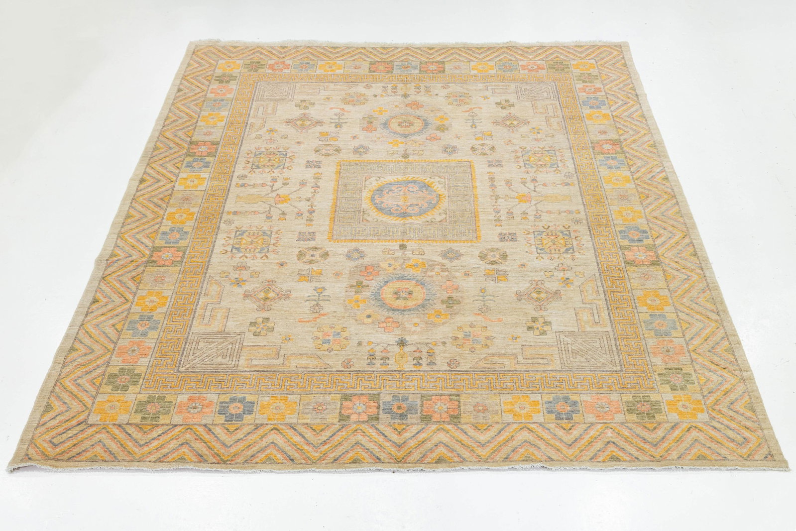 Modern Khotan Style Hand-Knotted Wool Rug - Pastel Geometric Medallion Design - 2