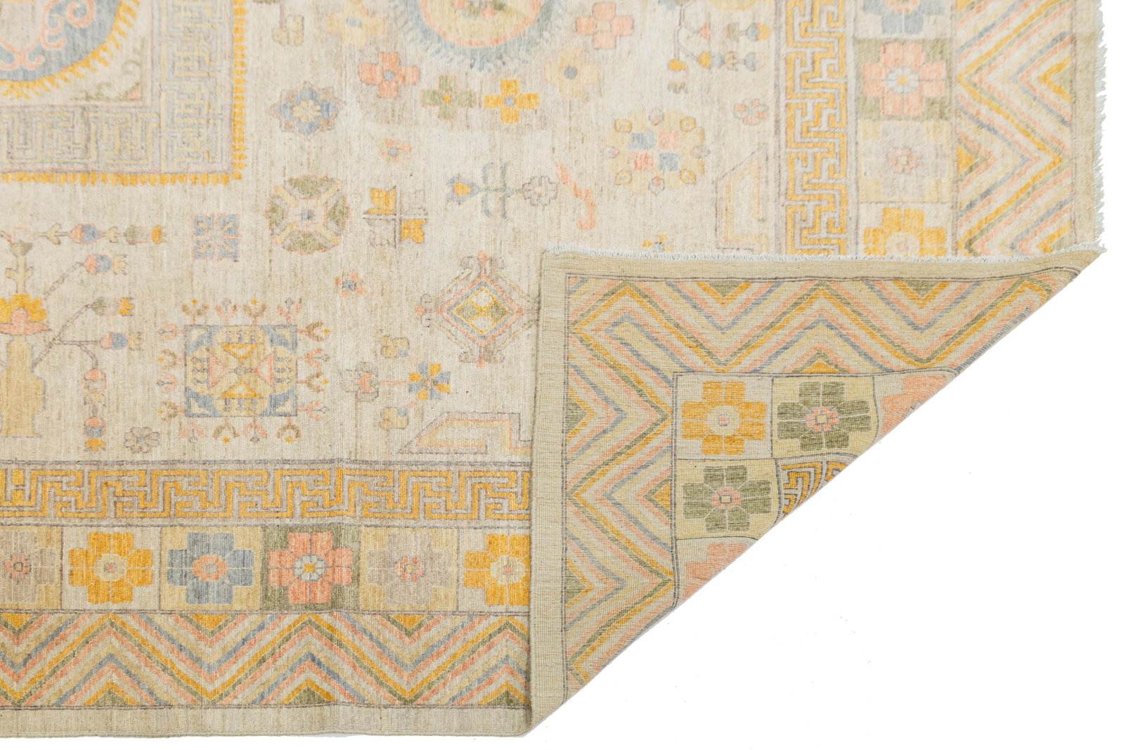 Modern Khotan Style Hand-Knotted Wool Rug - Pastel Geometric Medallion Design - 3