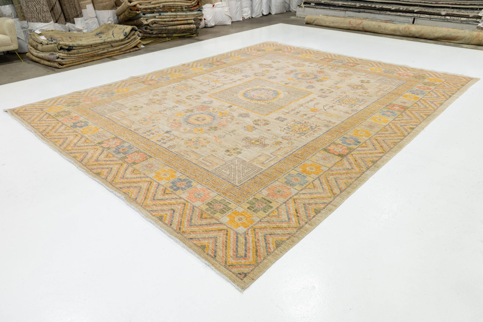 Modern Khotan Style Hand-Knotted Wool Rug - Pastel Geometric Medallion Design - 5