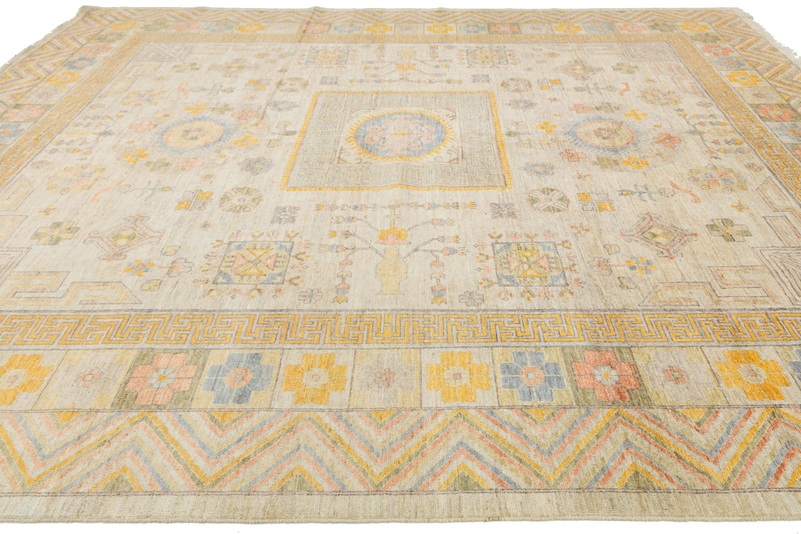 Modern Khotan Style Hand-Knotted Wool Rug - Pastel Geometric Medallion Design - 6
