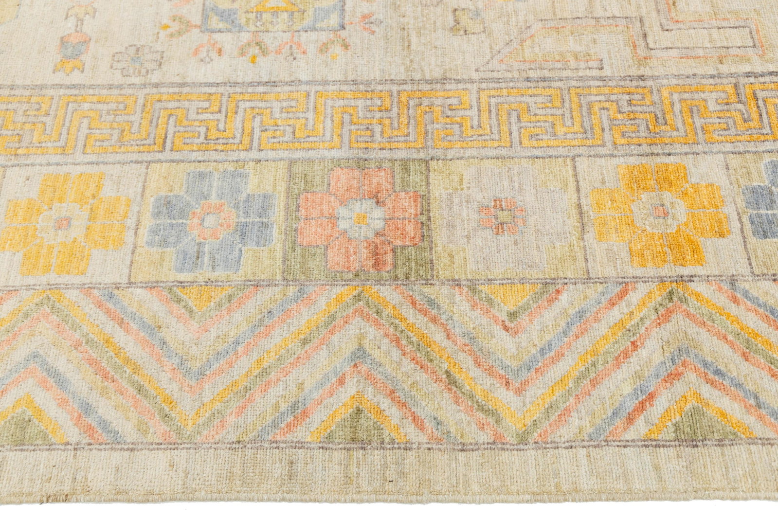 Modern Khotan Style Hand-Knotted Wool Rug - Pastel Geometric Medallion Design - 7