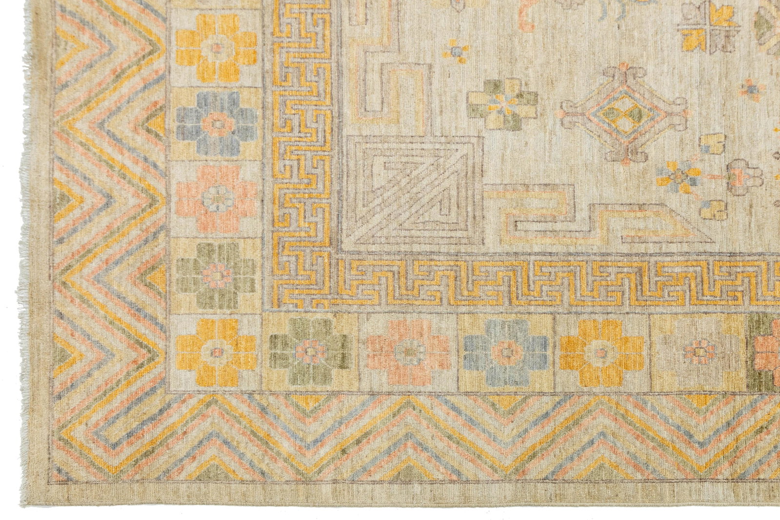 Modern Khotan Style Hand-Knotted Wool Rug - Pastel Geometric Medallion Design - 8