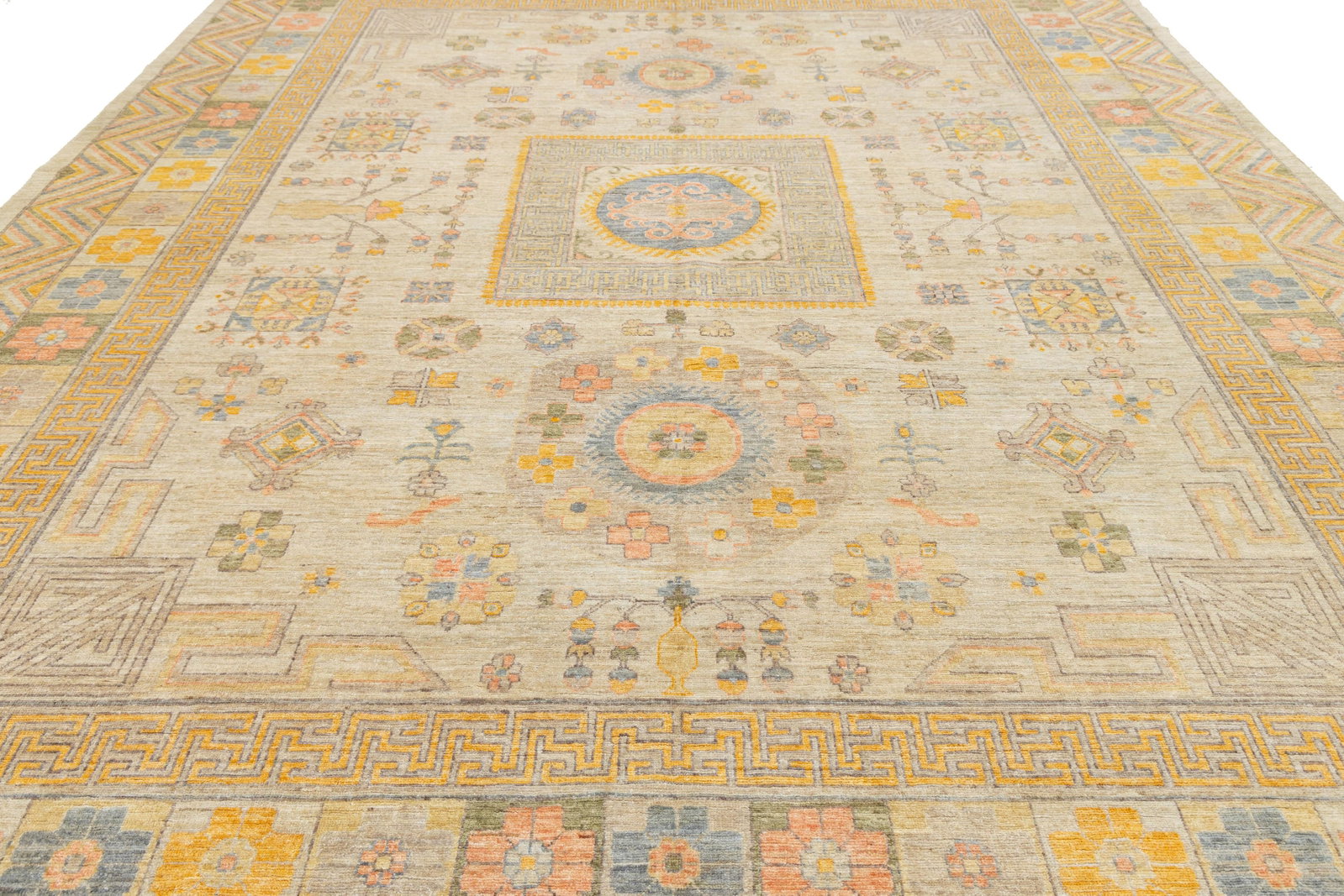 Modern Khotan Style Hand-Knotted Wool Rug - Pastel Geometric Medallion Design - 9