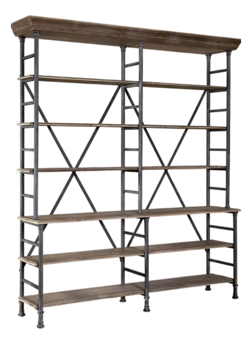 Large Industrial Iron & Solid Wood Étagère Bookcase – 92" Tall Restoration Style: Substantial industrial-style étagère featuring a striking iron frame with solid wood shelving. Standing an impressive 92 inches tall, this large-scale shelving unit combines architectural