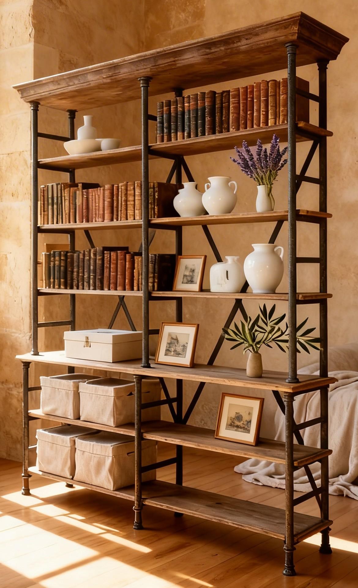 Large Industrial Iron & Solid Wood Étagère Bookcase – 92" Tall Restoration Style - 3